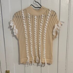 Club Monaco Beige Knit Blouse with White Ribbon Accents